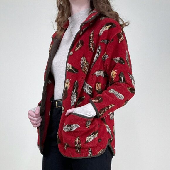 Vintage Fleece Novelty Print Light Jacket Cardigan Sweater Western Gorpcore Boho - Picture 3 of 10